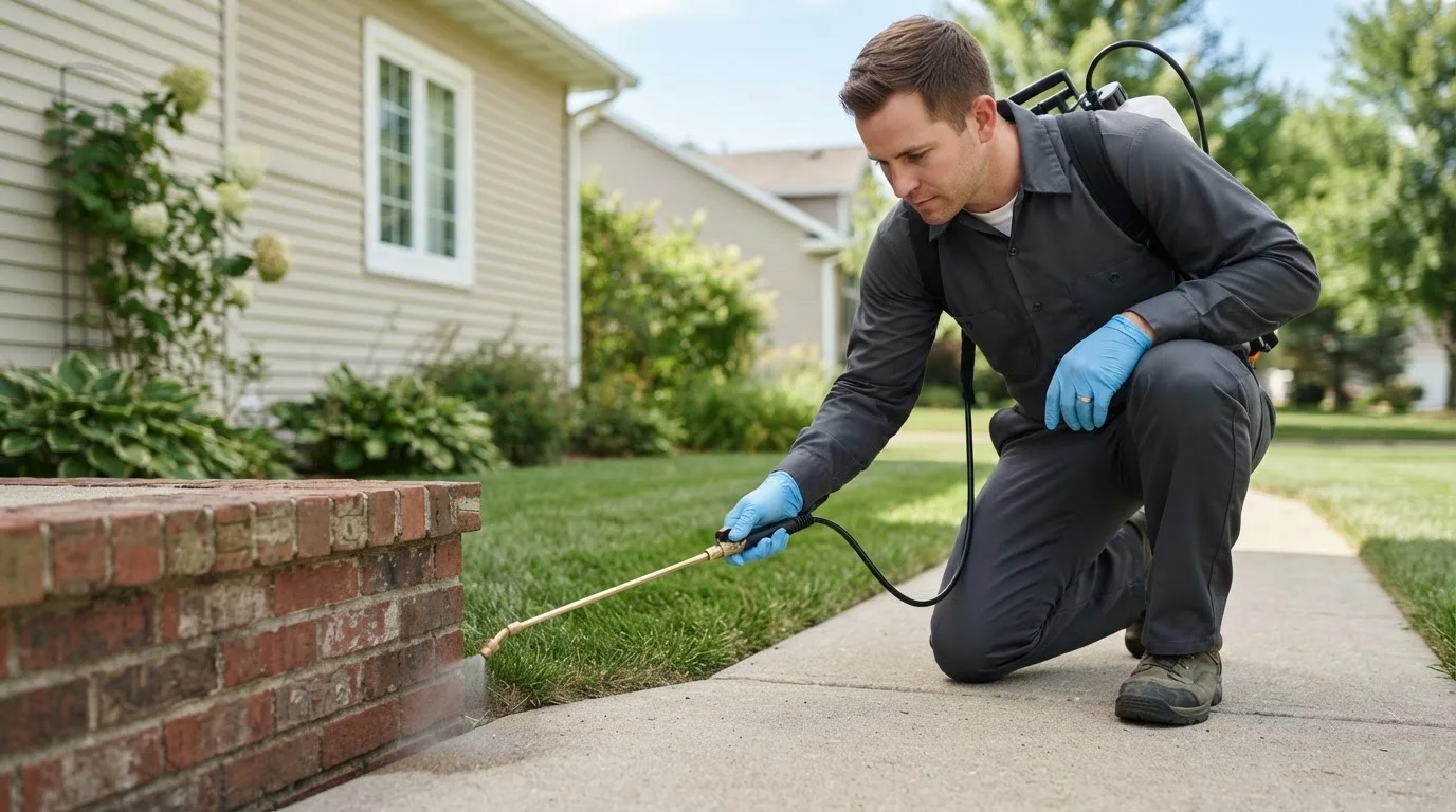 Pest control technician treating a home near Saint Benedict, OR