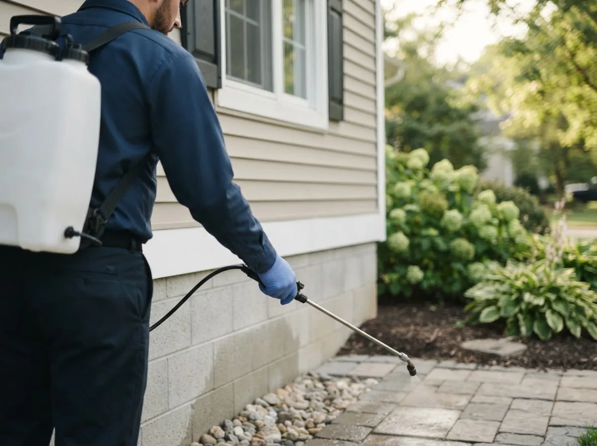 Pest control technician inspecting a home in Saint Benedict, OR